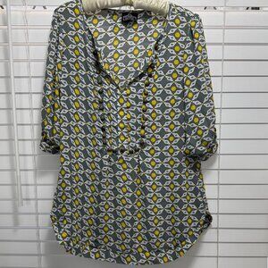 Angie Women's green & yellow geometric print split neck studded boho top; size L